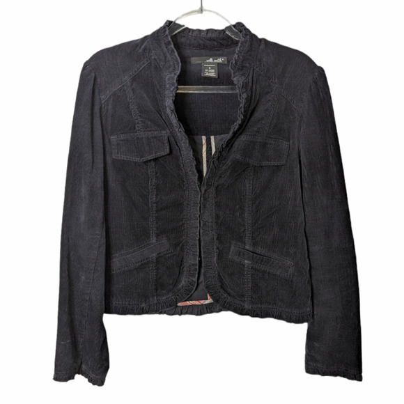 Vintage 90's Willi Smith Black Corduroy Cropped  Blazer Ruffle Trim Size 6 - Picture 2 of 10
